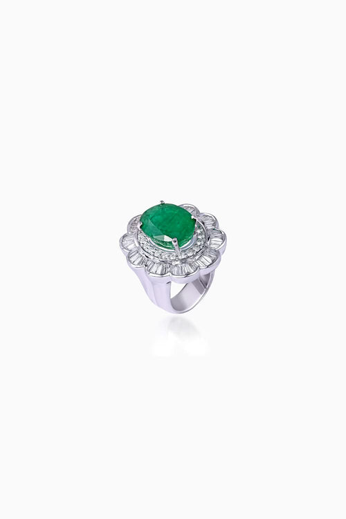 Classic Emerald and Diamond Cocktail Ring in 18KT White Gold