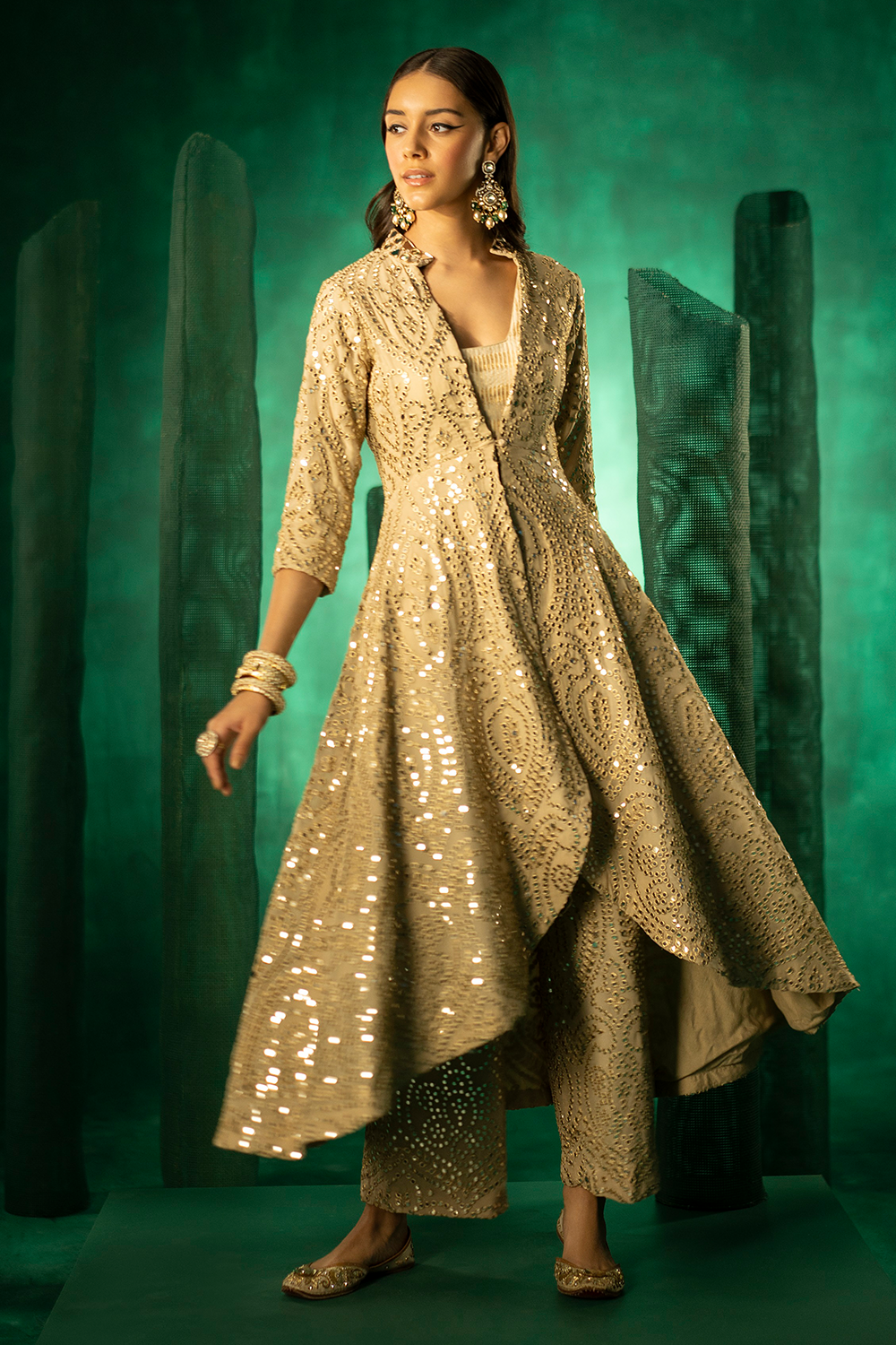 Golden Asymetrical Sherwani with Mirrorwork Palazzos and Overlap Inner