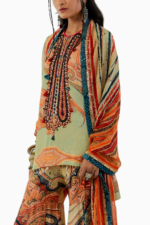Ash Green Mitra Short Kurta and Drape Trouser Set