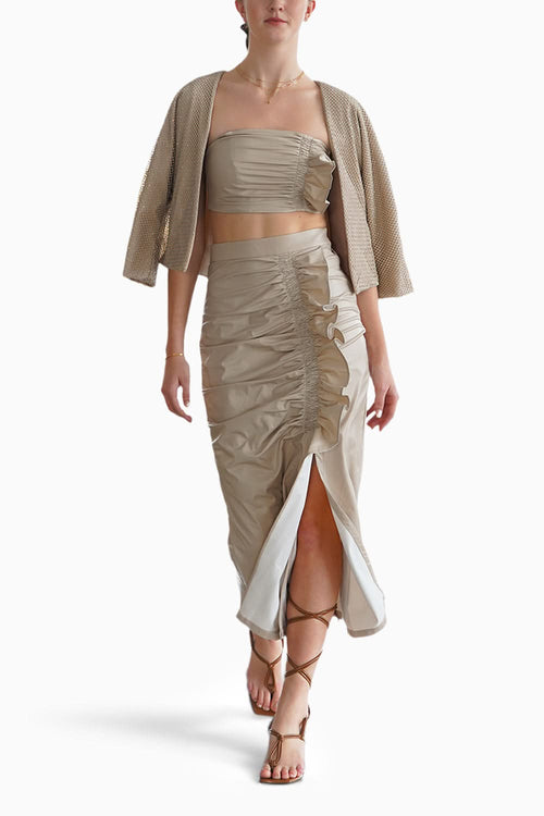 CrÃƒÂ¨me Faux Leather Jacket and Ruffle Skirt with Bustier