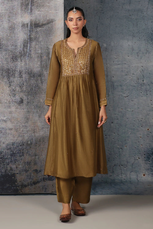 Mehrang Olive Green Frockstyle Kurta Set