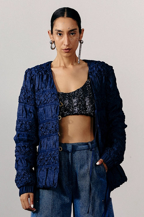 Denim Smocking Jacket With Ties