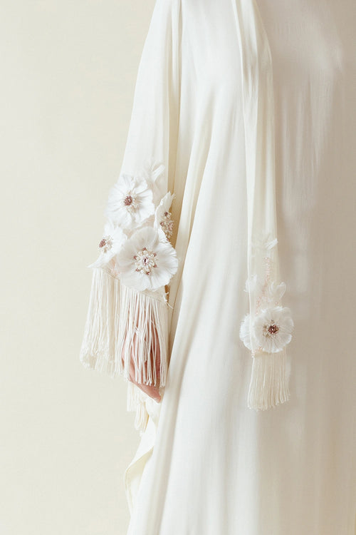 Ivory Viscose Georgette Feather Work Kaftan