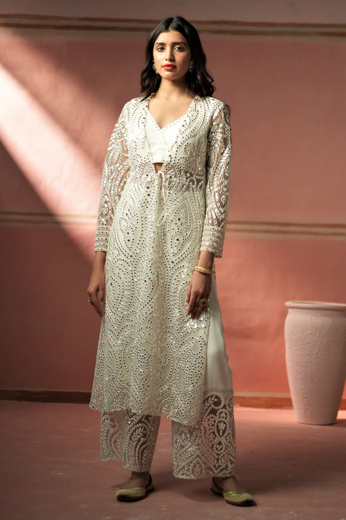 White Embellished Tassle Jacket with Inner and Georgette Palazzos