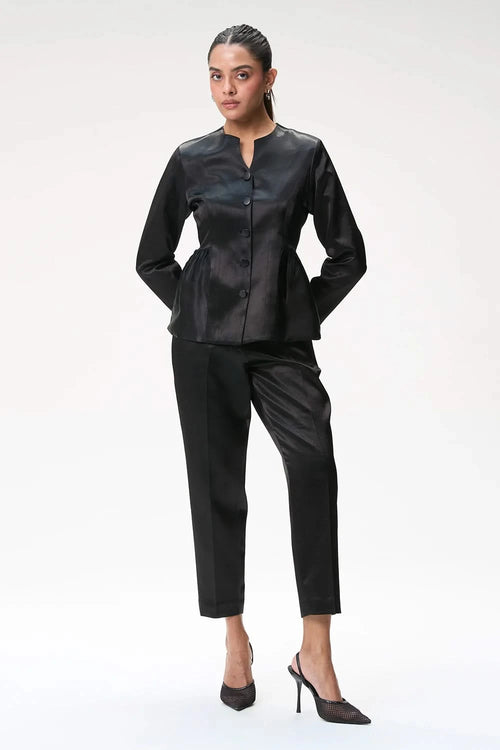 Black Peplum Jacket With Side Gathers and Tapered Trouser