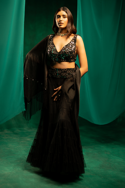 Mirrorwork Black Layered Lehanga Skirt Set