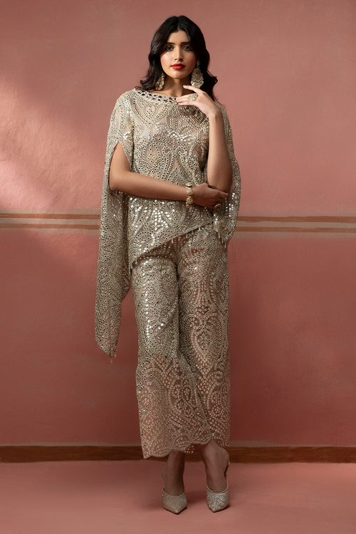 Silver Zari Cape with Long Slit Palazzos