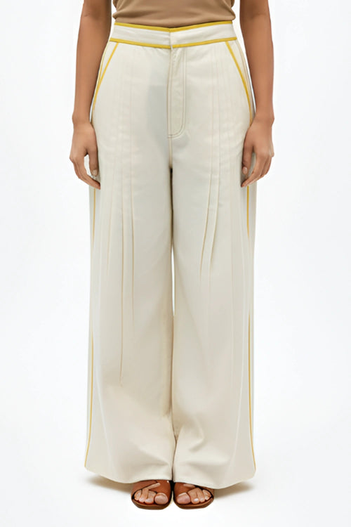 Ivory-Mango Yellow Pintucks Pants