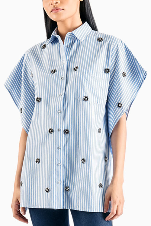 Stripe Embellished Blue Kaftan Shirt