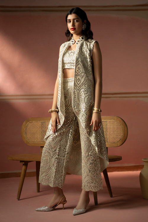 Ecru Asym Jacket with Bandeau and Long Slit Palazzo