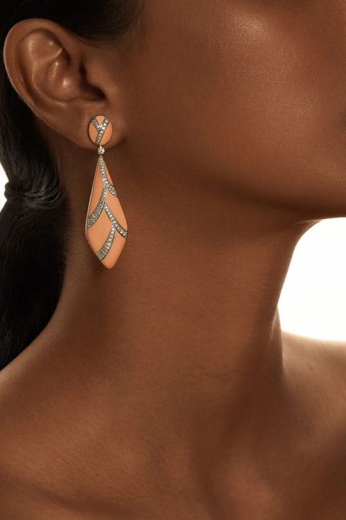 Peach Enamel and Diamond 18KT Gold Earrings