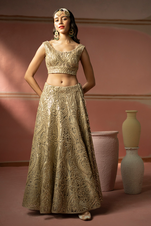 Golden Zari Mirrorwork Lehanga Set