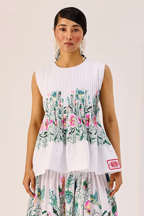 White Floral Print Cotton Peplum Top