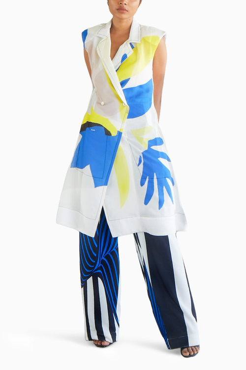Glass Sleeveless Trench and Striped Pleated Pants