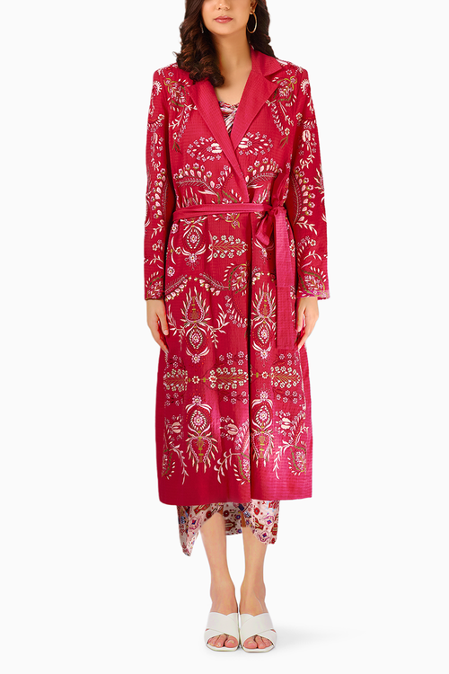 Pink Embroidered Long Trench Jacket