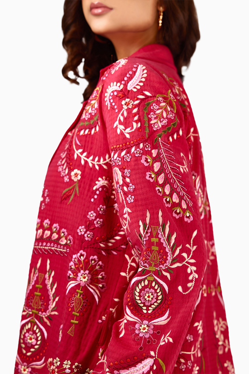 Pink Embroidered Long Trench Jacket