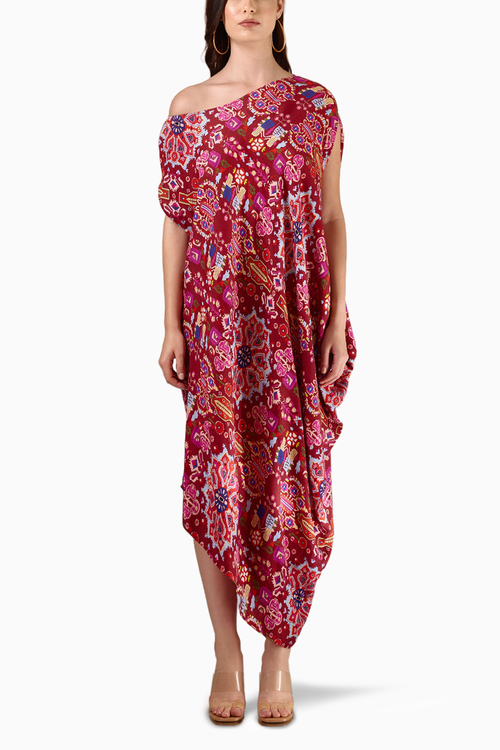 Red Kashan Print Drape Off Shoulder Cowl Dress