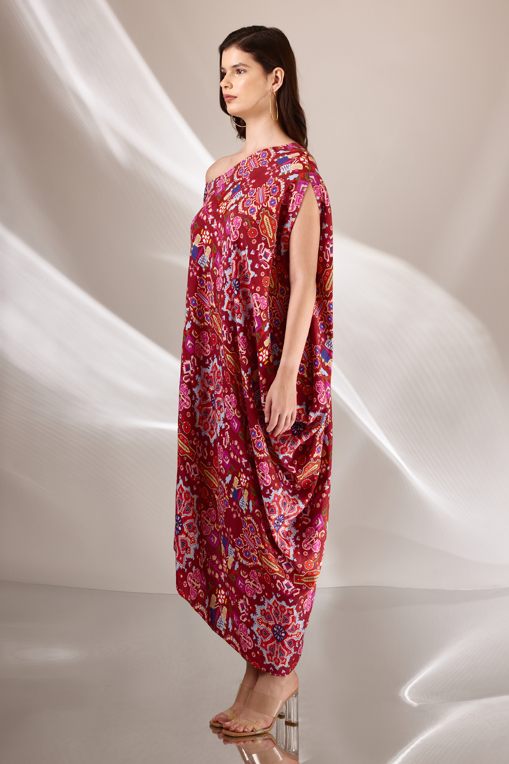 Red Kashan Print Drape Off Shoulder Cowl Dress