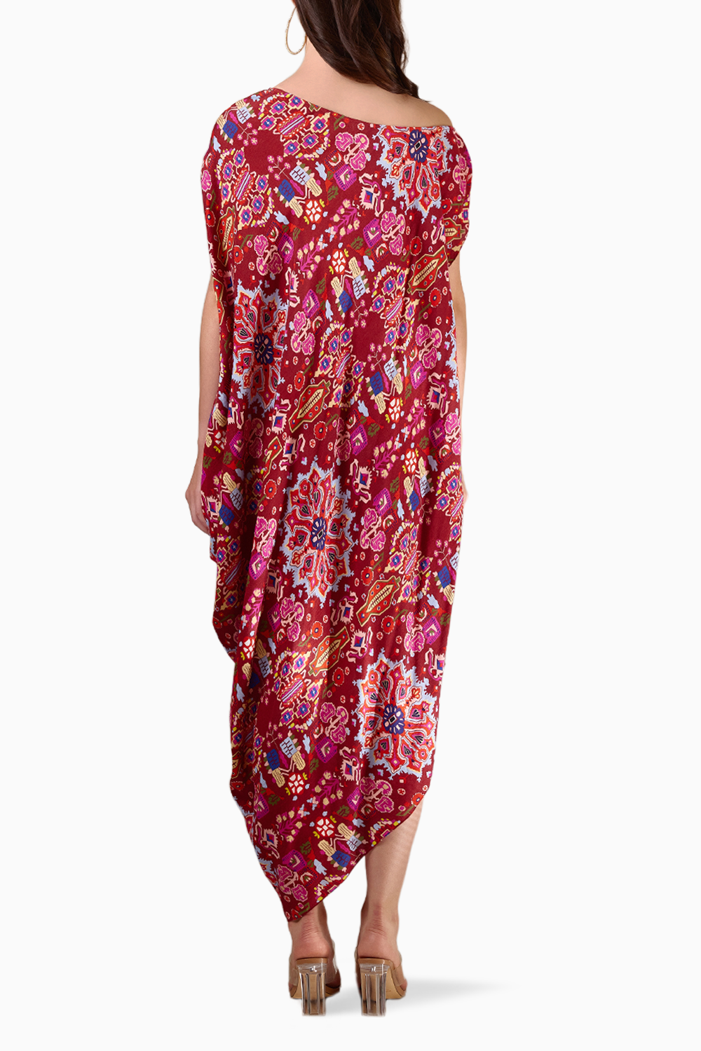 Red Kashan Print Drape Off Shoulder Cowl Dress