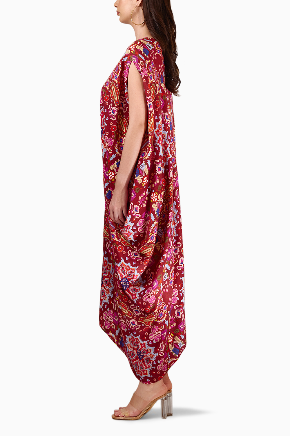 Red Kashan Print Drape Off Shoulder Cowl Dress