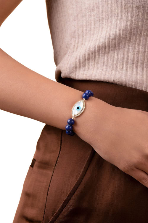 Gold Medium Marquise Evil Eye Diamond Bracelet with Lapis Beads