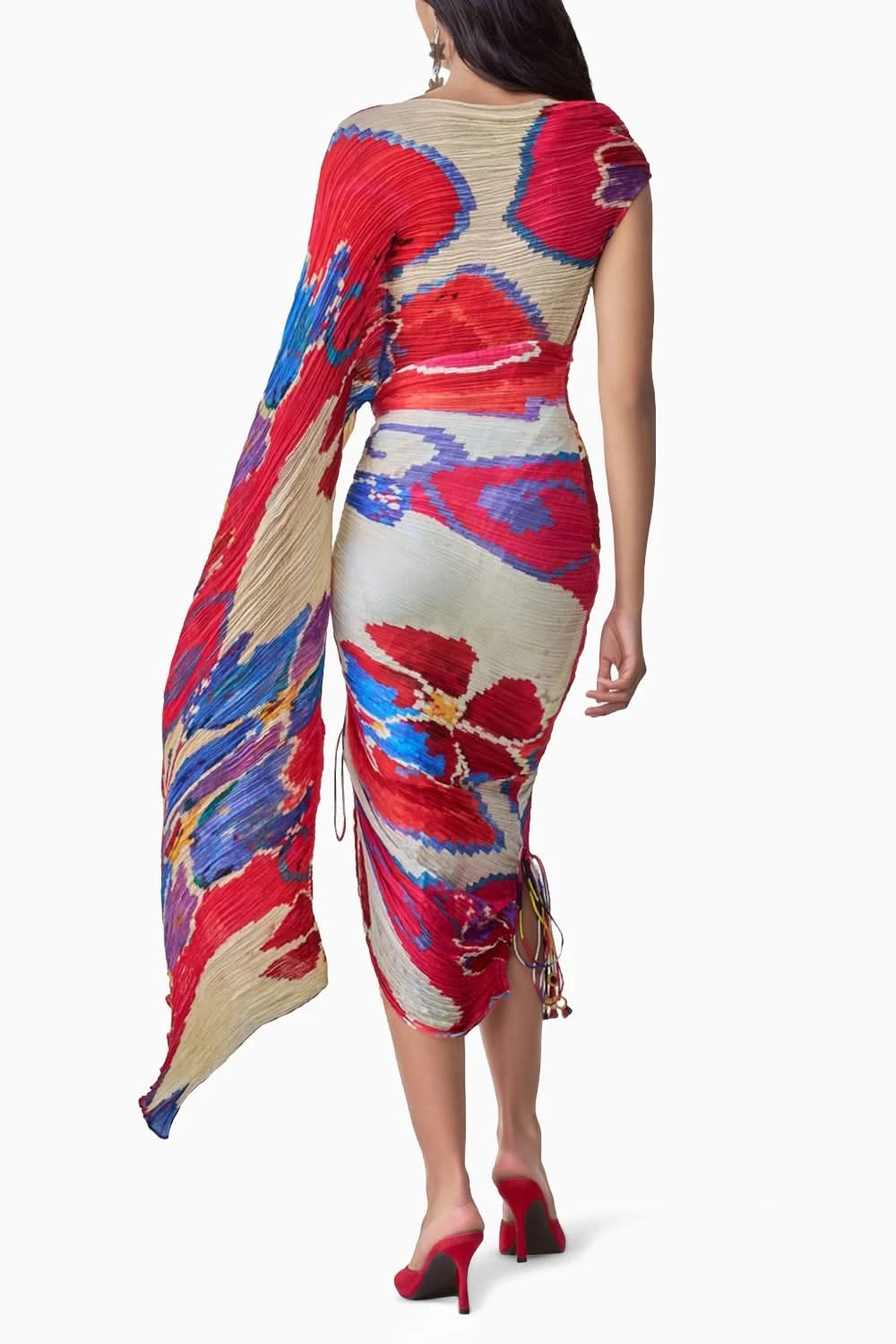 Kathy Ikat Pleat Sari Kaftan Dress with Off-Shoulder Trail