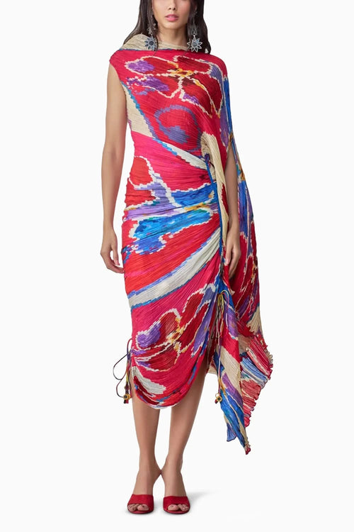 Kathy Ikat Pleat Sari Kaftan Dress with Off-Shoulder Trail