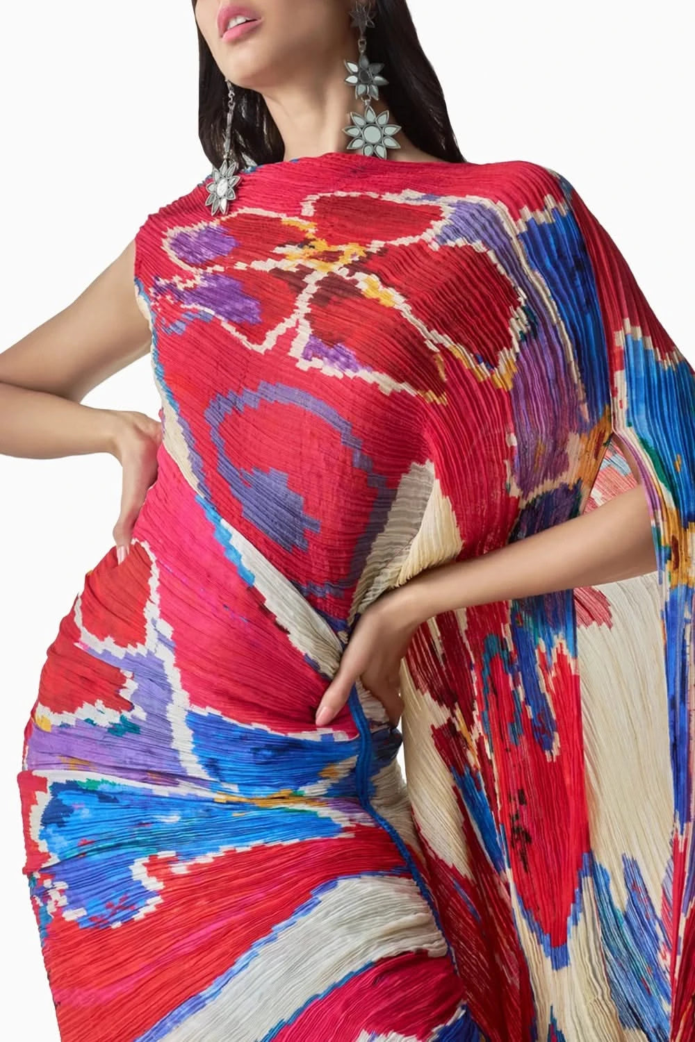 Kathy Ikat Pleat Sari Kaftan Dress with Off-Shoulder Trail