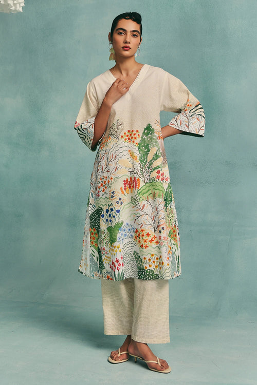 Ecru Meadow V-neck Kurta Set