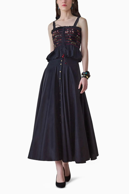 Maya Smocked Peplum Blouse & Ria High-Waist Flared Skirt