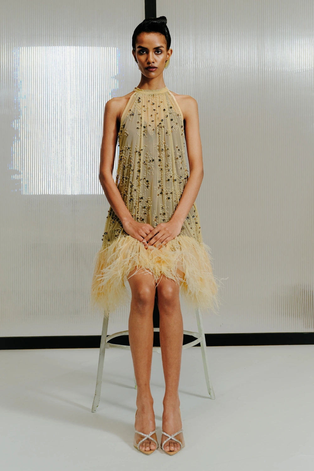 Nude Feather-Crystal Embellished Short Shift Dress