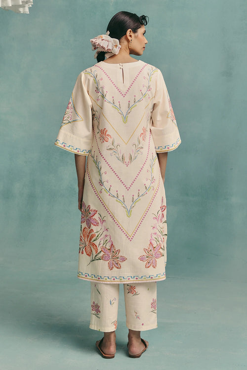 Ecru Hibiscus V-neck Kurta Set