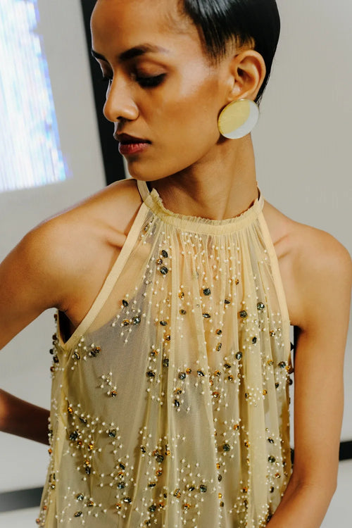 Nude Feather-Crystal Embellished Short Shift Dress