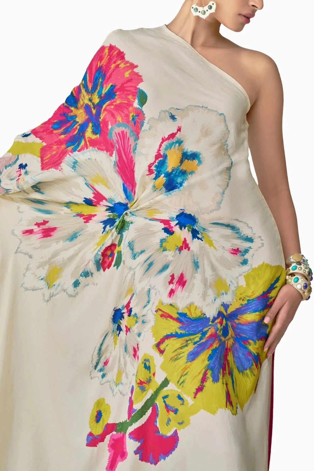 Alana Floral Asymmetric One-Shoulder Kaftan with Side Tie