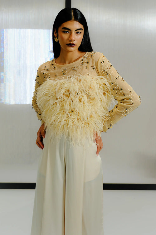 Nude Feather & Crystal Embellished Top