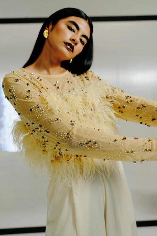 Nude Feather & Crystal Embellished Top