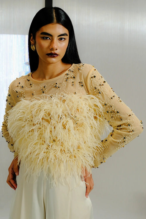 Nude Feather & Crystal Embellished Top