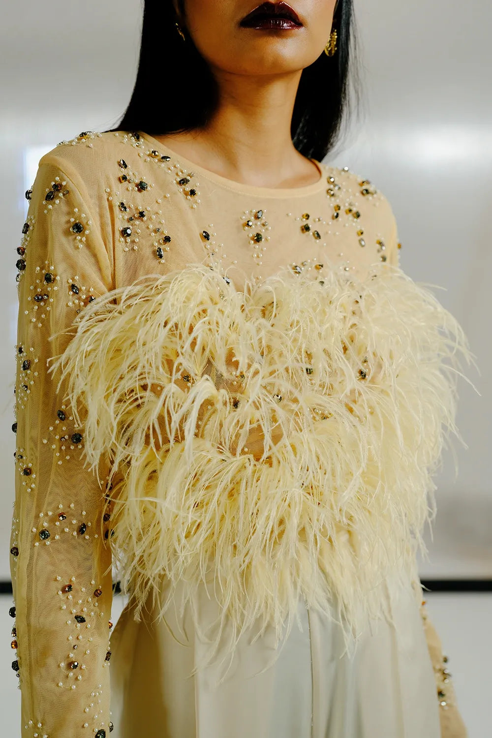 Nude Feather & Crystal Embellished Top
