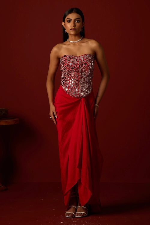 Red Mirrorwork Corset With Pickup Skirt