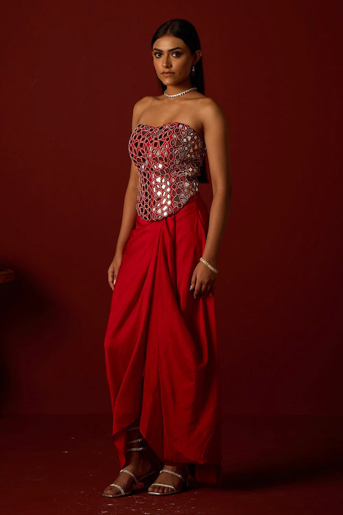 Red Mirrorwork Corset With Pickup Skirt
