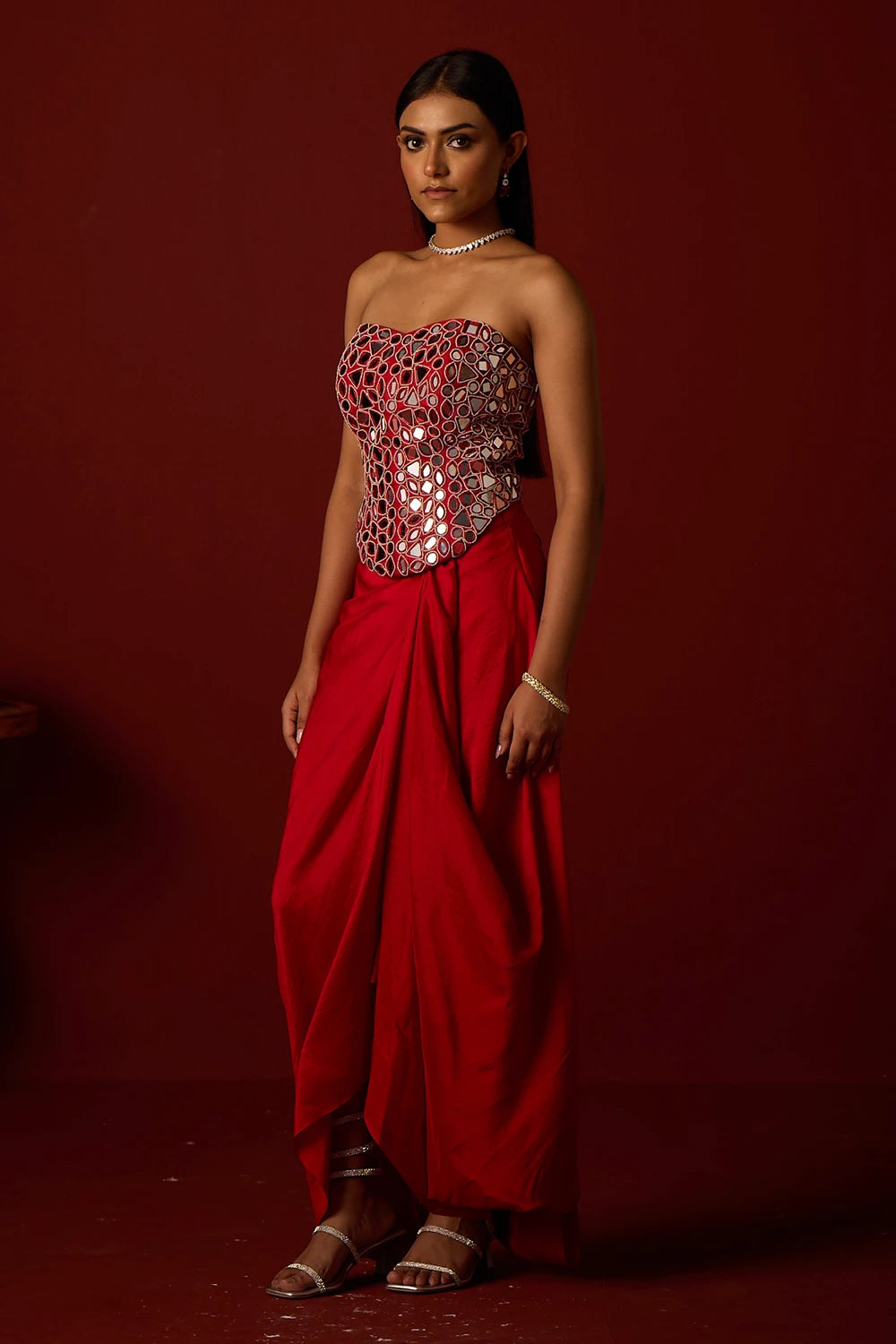 Red Mirrorwork Corset With Pickup Skirt