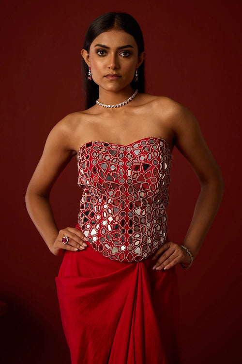Red Mirrorwork Corset With Pickup Skirt