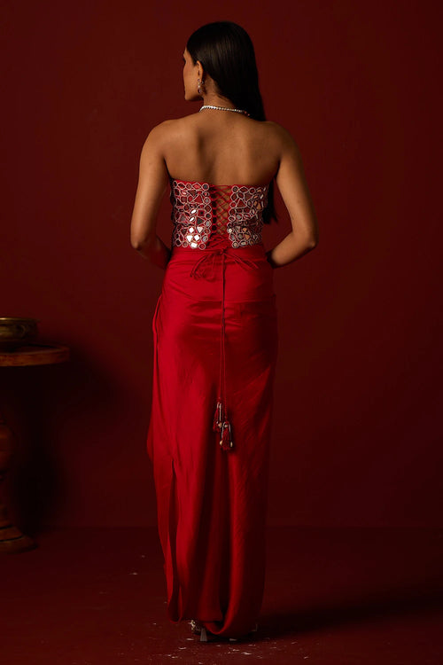 Red Mirrorwork Corset With Pickup Skirt