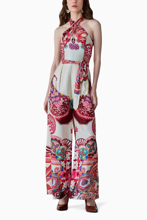 Alexa Paisley Halter Neck Jumpsuit with Detachable Belt