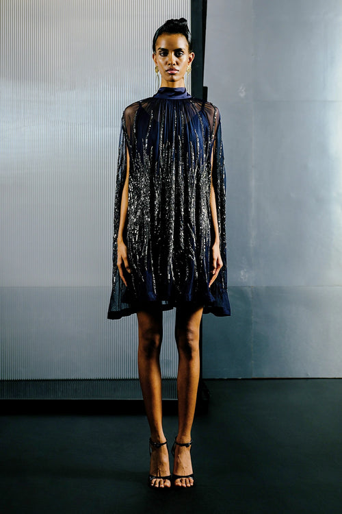 Navy & Silver Stretch Net Embellished Short Dress