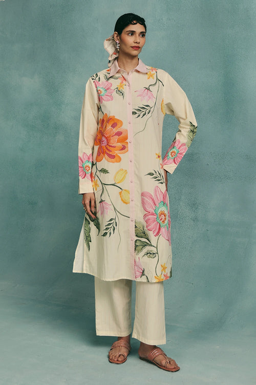 Ecru Dahlia Collared Kurta Set