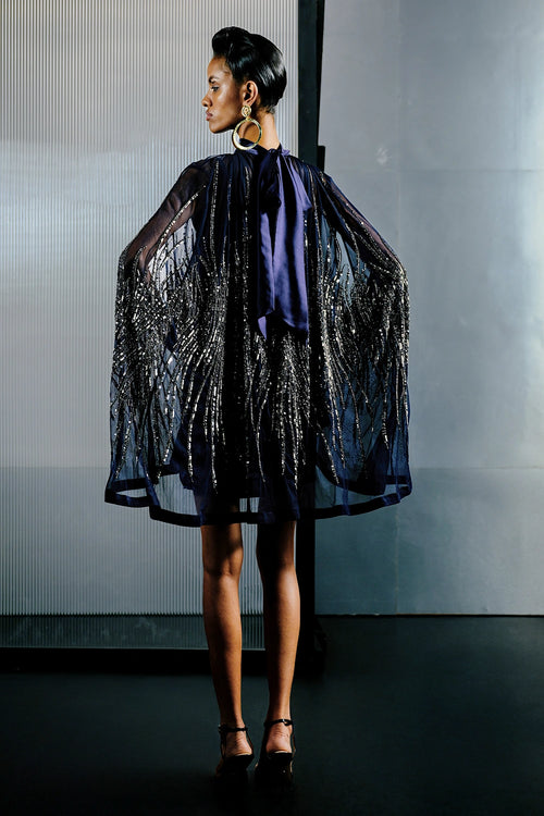 Navy & Silver Stretch Net Embellished Short Dress