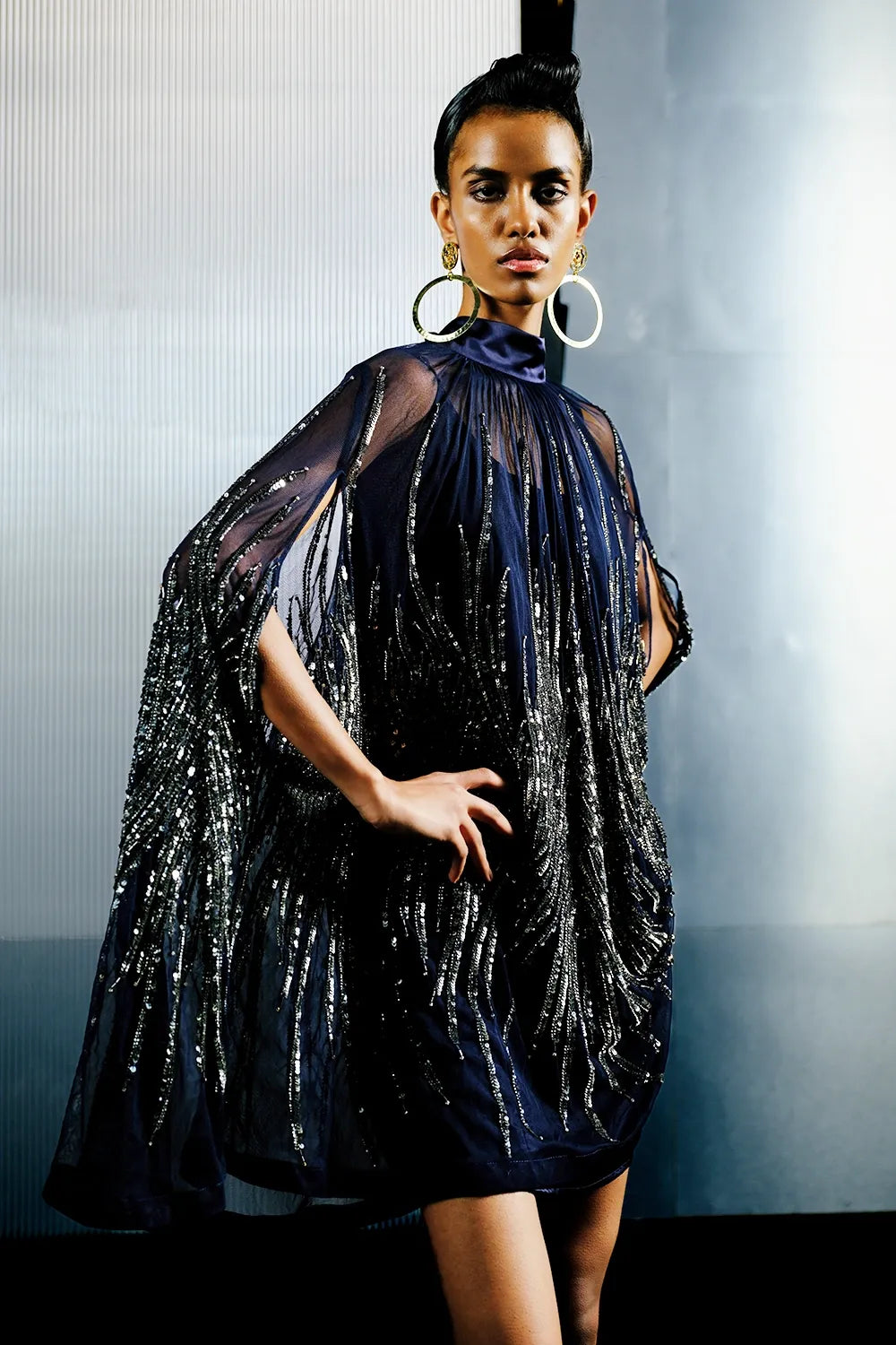 Navy & Silver Stretch Net Embellished Short Dress