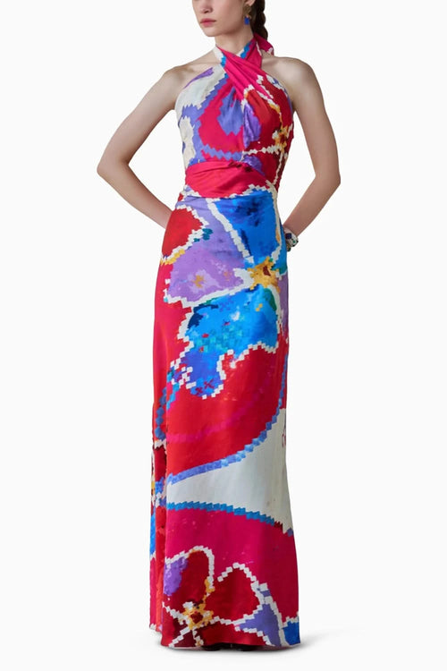 Shailee Ikat Halter Neck Column Dress