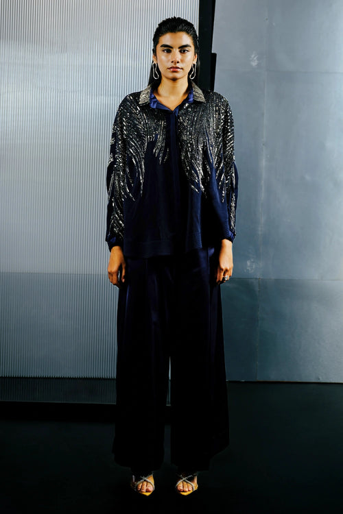 Navy Blue Satin Relaxed Pants